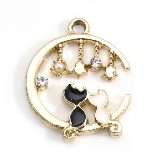 Picture of Zinc Based Alloy Charms Gold Plated Black & White Half Moon Cat Enamel Clear Rhinestone 21mm x 17mm, 5 PCs