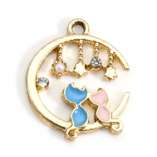 Picture of Zinc Based Alloy Charms Gold Plated Pink & Lightblue Half Moon Cat Enamel Clear Rhinestone 21mm x 17mm, 5 PCs