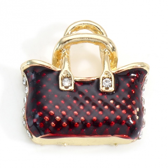 Picture of Zinc Based Alloy Clothes Charms Gold Plated Dark Red Handbag Enamel 20mm x 20mm, 5 PCs