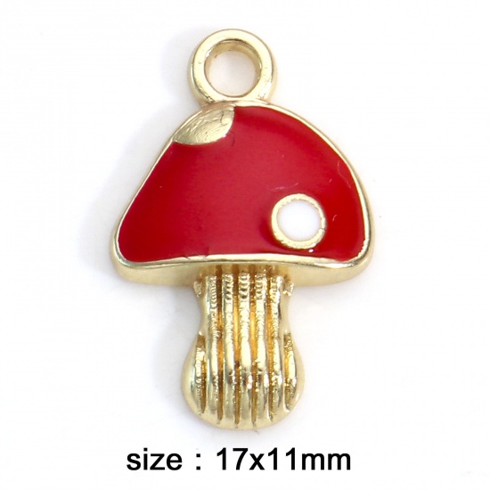 Immagine di Lega di Zinco Charms Oro Placcato Rosso Fungo Smalto 17mm x 11mm, 10 Pz