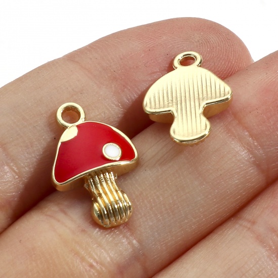 Picture of Zinc Based Alloy Charms Gold Plated Red Mushroom Enamel 17mm x 11mm, 10 PCs