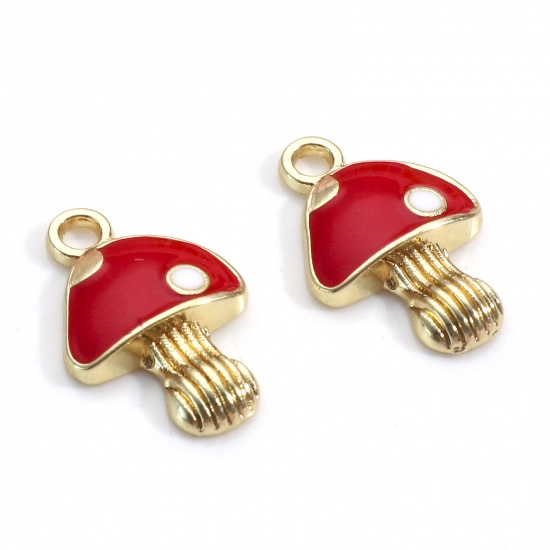 Picture of Zinc Based Alloy Charms Gold Plated Red Mushroom Enamel 17mm x 11mm, 10 PCs
