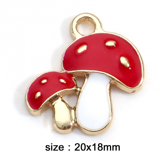 Picture of Zinc Based Alloy Charms Gold Plated Red Mushroom Enamel 20mm x 18mm, 10 PCs