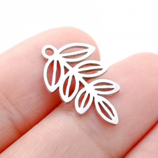 Picture of 304 Stainless Steel Flora Collection Charms Silver Tone Leaf Hollow 12mm x 20mm, 3 PCs