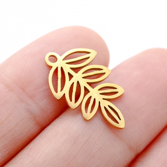 Picture of 304 Stainless Steel Flora Collection Charms Gold Plated Leaf Hollow 12mm x 20mm, 3 PCs