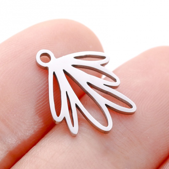 Picture of 304 Stainless Steel Flora Collection Charms Silver Tone Leaf Hollow 13mm x 16mm, 3 PCs