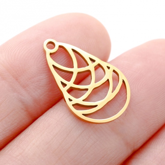 Picture of 304 Stainless Steel Flora Collection Charms Gold Plated Leaf Hollow 12mm x 19mm, 3 PCs
