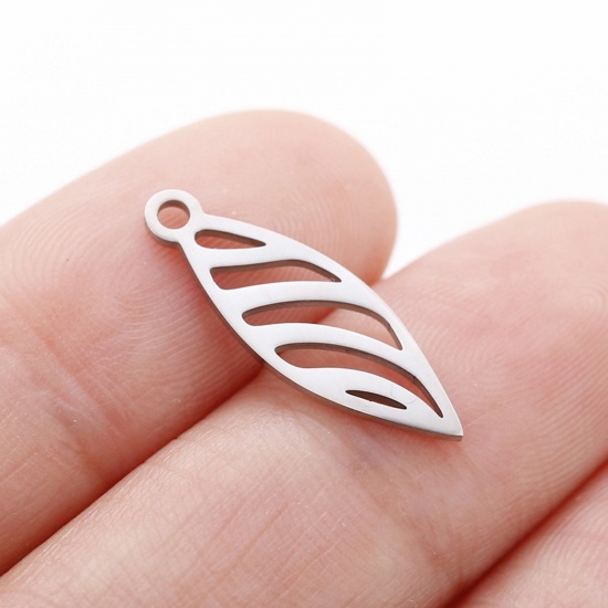 Picture of 304 Stainless Steel Flora Collection Charms Silver Tone Leaf Hollow 7mm x 20mm, 3 PCs