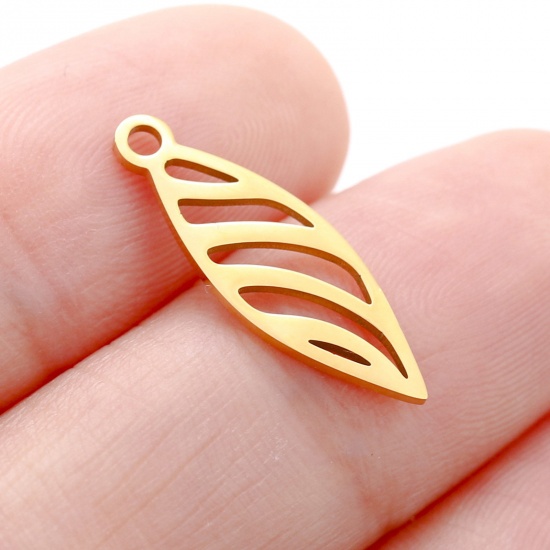 Picture of 304 Stainless Steel Flora Collection Charms Gold Plated Leaf Hollow 7mm x 20mm, 3 PCs