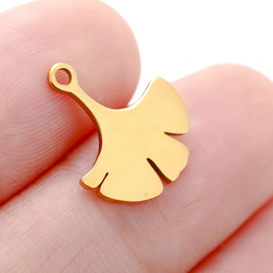 3 個 304ステンレス鋼 フローラコレクション チャーム ペンダント 葉 金メッキ 透かし 13mm x 15mm の画像