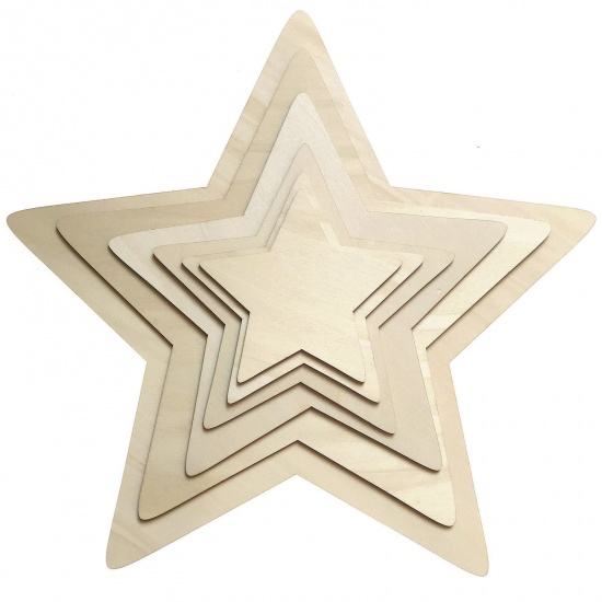 Picture of Wood DIY Handmade Craft Materials Accessories Natural Pentagram Star 30mm x 30mm, 100 PCs