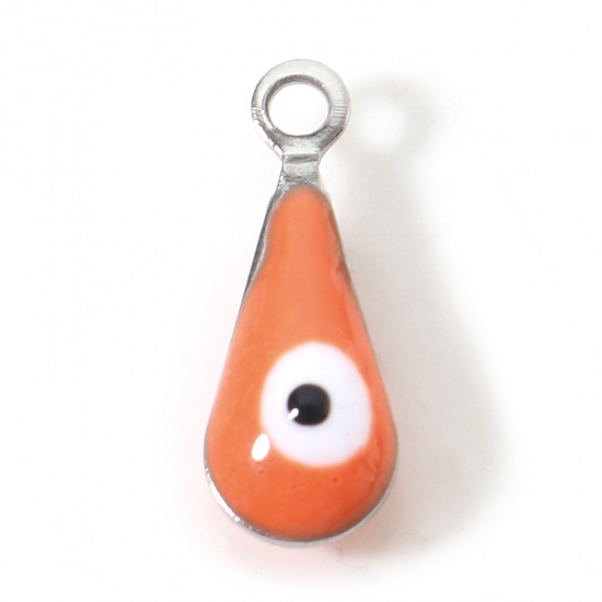 Picture of 304 Stainless Steel Religious Charms Silver Tone Orange Drop Evil Eye Double-sided Enamel 12mm x 10 PCs