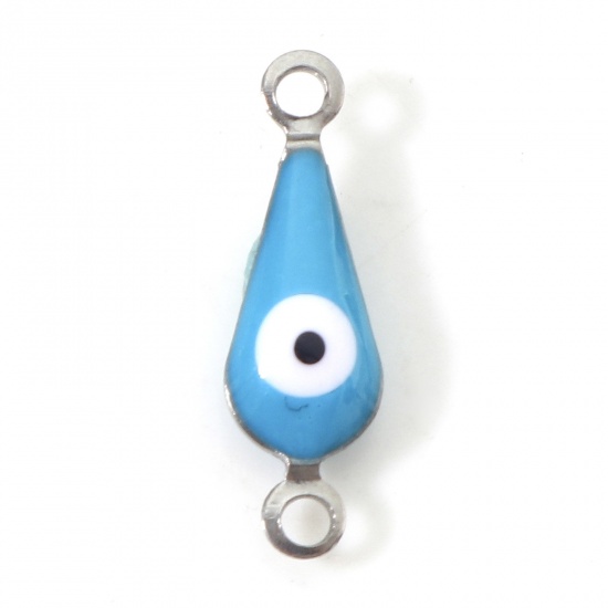 Picture of 304 Stainless Steel Religious Connectors Charms Pendants Silver Tone Blue Drop Evil Eye Double-sided Enamel 15mm x 5mm, 10 PCs