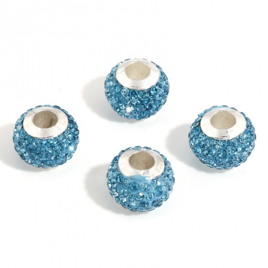 Picture of Polymer Clay European Style Large Hole Charm Beads Lake Blue Round Rhinestone 13mm Dia., Hole: Approx 4.5mm, 10 PCs