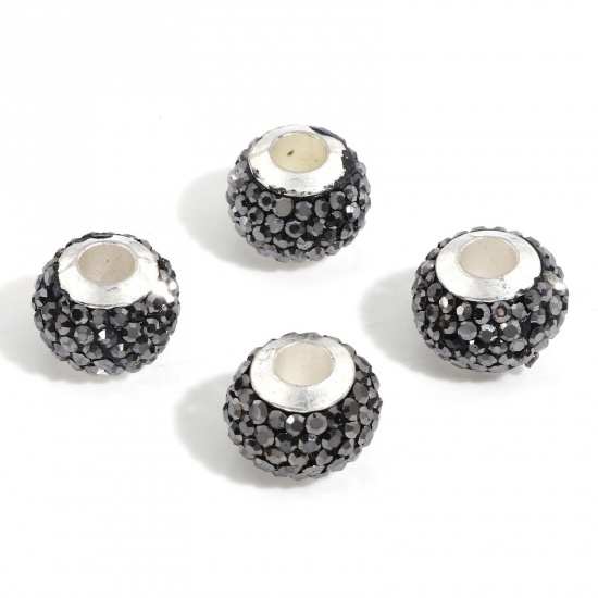 Picture of Polymer Clay European Style Large Hole Charm Beads Coffee Round Rhinestone 13mm Dia., Hole: Approx 4.5mm, 10 PCs