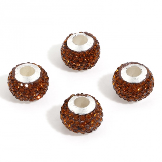 Picture of Polymer Clay European Style Large Hole Charm Beads Orange Round Rhinestone 13mm Dia., Hole: Approx 4.5mm, 10 PCs