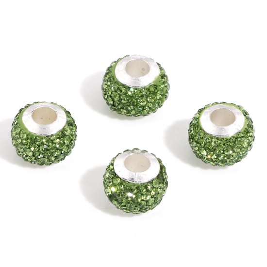 Picture of Polymer Clay European Style Large Hole Charm Beads Green Round Rhinestone 13mm Dia., Hole: Approx 4.5mm, 10 PCs