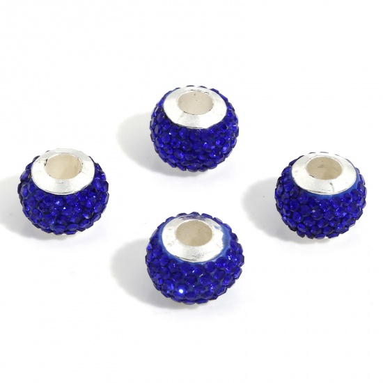 Picture of Polymer Clay European Style Large Hole Charm Beads Royal Blue Round Rhinestone 13mm Dia., Hole: Approx 4.5mm, 10 PCs