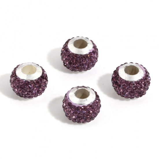 Picture of Polymer Clay European Style Large Hole Charm Beads Pink Round Rhinestone 13mm Dia., Hole: Approx 4.5mm, 10 PCs