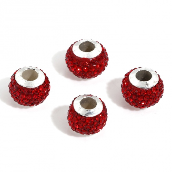 Picture of Polymer Clay European Style Large Hole Charm Beads Red Round Rhinestone 13mm Dia., Hole: Approx 4.5mm, 10 PCs