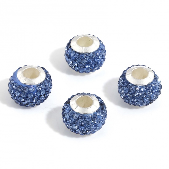 Picture of Polymer Clay European Style Large Hole Charm Beads Blue Round Rhinestone 13mm Dia., Hole: Approx 4.5mm, 10 PCs