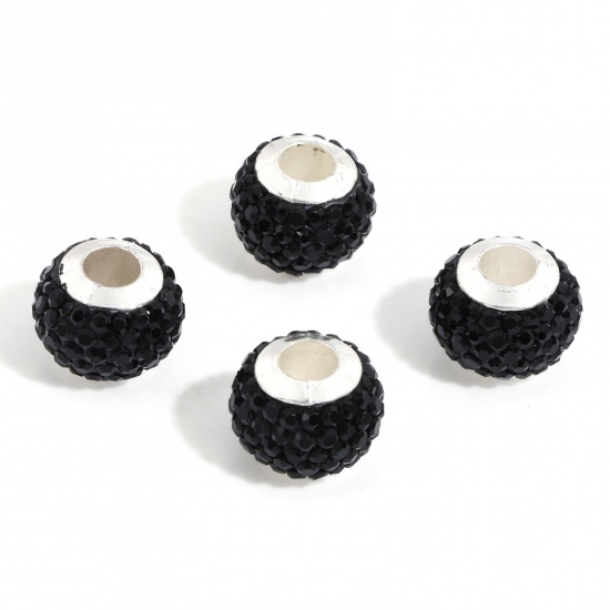 Picture of Polymer Clay European Style Large Hole Charm Beads Black Round Rhinestone 13mm Dia., Hole: Approx 4.5mm, 10 PCs