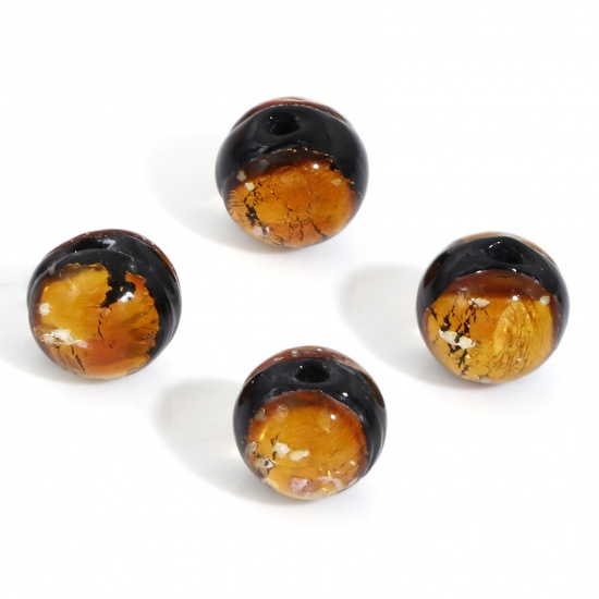 Picture of Lampwork Glass Beads For DIY Charm Jewelry Making Round Orange Foil About 10mm Dia, Hole: Approx 1.6mm, 2 PCs