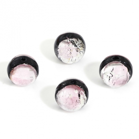 Picture of Lampwork Glass Beads For DIY Charm Jewelry Making Round Pink Foil About 10mm Dia, Hole: Approx 1.6mm, 2 PCs