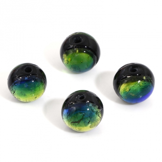 Picture of Lampwork Glass Beads For DIY Charm Jewelry Making Round Green Blue Foil About 10mm Dia, Hole: Approx 1.6mm, 2 PCs