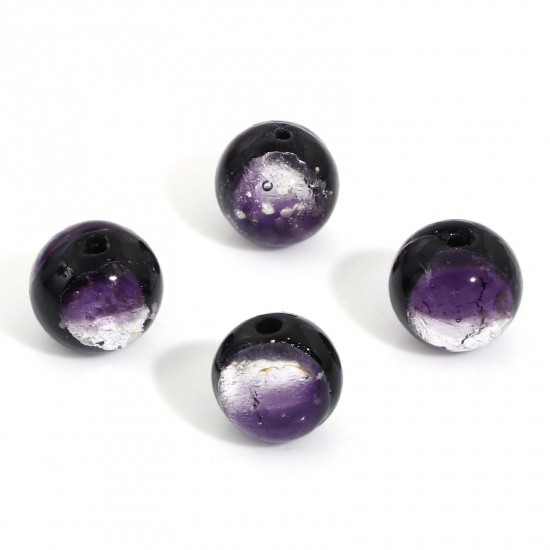 Picture of Lampwork Glass Beads For DIY Charm Jewelry Making Round Purple Foil About 10mm Dia, Hole: Approx 1.6mm, 2 PCs
