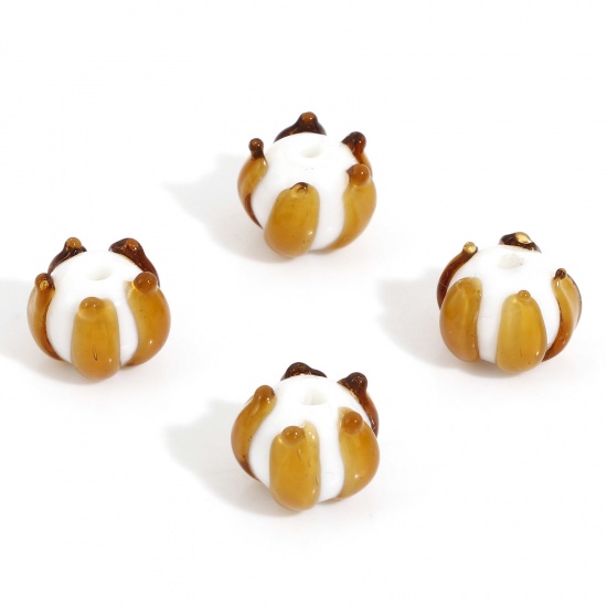 Picture of Lampwork Glass Beads For DIY Charm Jewelry Making Flower Khaki 3D About 12mm x 11mm, Hole: Approx 1.2mm, 5 PCs