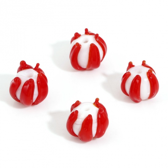Picture of Lampwork Glass Beads For DIY Charm Jewelry Making Flower Red 3D About 12mm x 11mm, Hole: Approx 1.2mm, 5 PCs