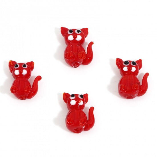 Picture of Lampwork Glass Beads For DIY Charm Jewelry Making Cat Animal Red 3D About 19mm x 14mm, Hole: Approx 1.6mm, 2 PCs