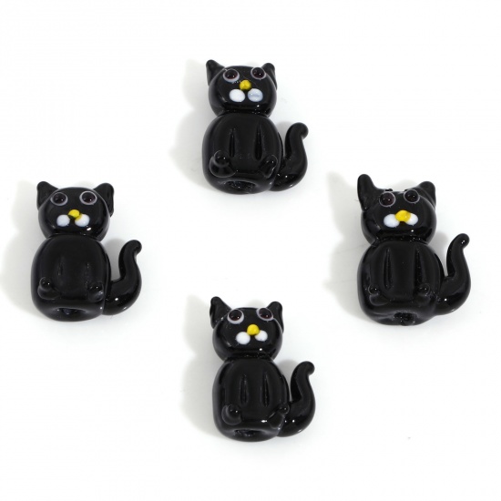 Picture of Lampwork Glass Beads For DIY Charm Jewelry Making Cat Animal Black 3D About 19mm x 14mm, Hole: Approx 1.6mm, 2 PCs
