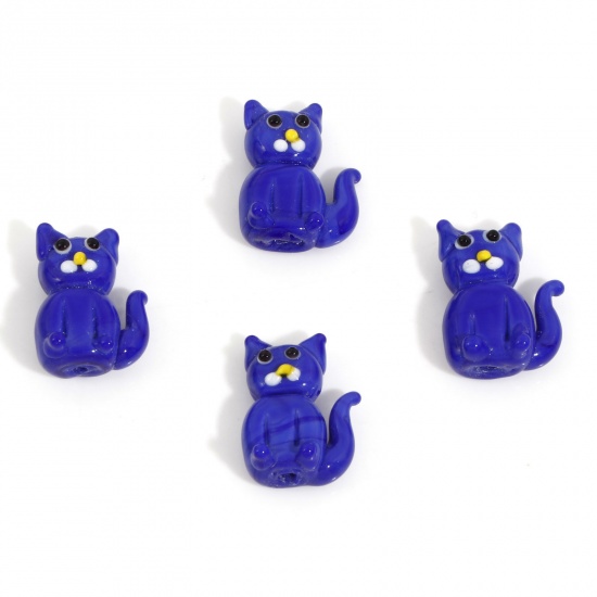 Picture of Lampwork Glass Beads For DIY Charm Jewelry Making Cat Animal Royal Blue 3D About 19mm x 14mm, Hole: Approx 1.6mm, 2 PCs