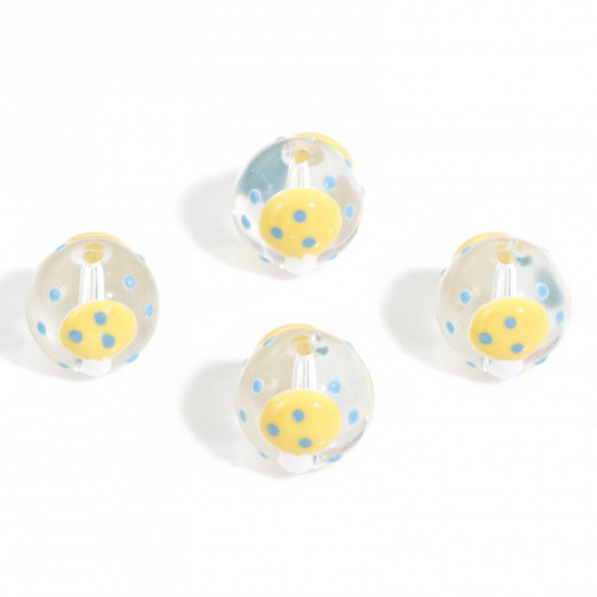 Picture of 5 PCs Lampwork Glass Beads For DIY Charm Jewelry Making Round Yellow Mushroom Enamel About 12mm Dia, Hole: Approx 1.4mm