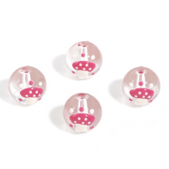 Picture of 5 PCs Lampwork Glass Beads For DIY Charm Jewelry Making Round Pink Mushroom Enamel About 12mm Dia, Hole: Approx 1.4mm