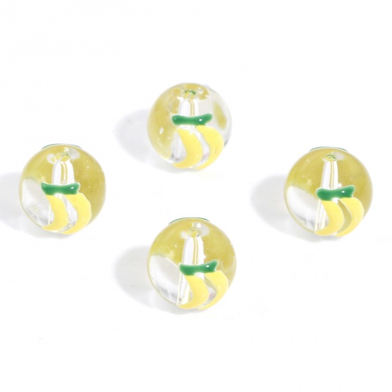 Picture of 5 PCs Lampwork Glass Beads For DIY Charm Jewelry Making Round Yellow Banana Fruit Enamel About 12mm Dia, Hole: Approx 1.4mm