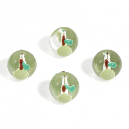 Picture of 5 PCs Lampwork Glass Beads For DIY Charm Jewelry Making Round Green Pear Fruit Enamel About 12mm Dia, Hole: Approx 1.4mm