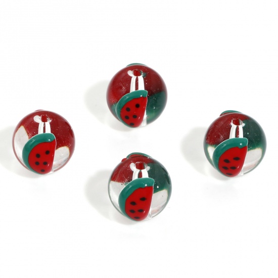 Picture of 5 PCs Lampwork Glass Beads For DIY Charm Jewelry Making Round Red Watermelon Fruit Enamel About 12mm Dia, Hole: Approx 1.4mm