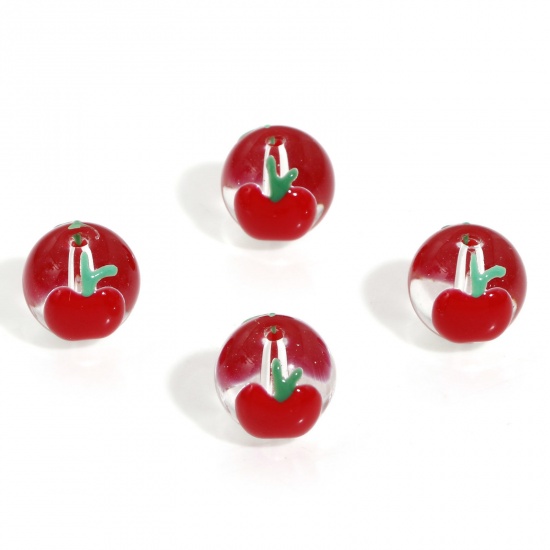 Picture of 5 PCs Lampwork Glass Beads For DIY Charm Jewelry Making Round Red Apple Fruit Enamel About 12mm Dia, Hole: Approx 1.4mm