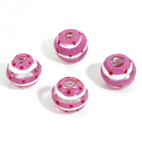 Picture of Lampwork Glass Beads For DIY Charm Jewelry Making Round Fuchsia Dot Enamel About 15mm Dia, Hole: Approx 2.5mm, 2 PCs