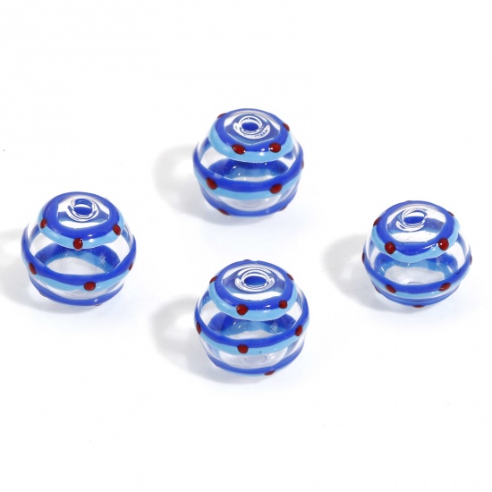Picture of Lampwork Glass Beads For DIY Charm Jewelry Making Round Blue Dot Enamel About 15mm Dia, Hole: Approx 2.5mm, 2 PCs