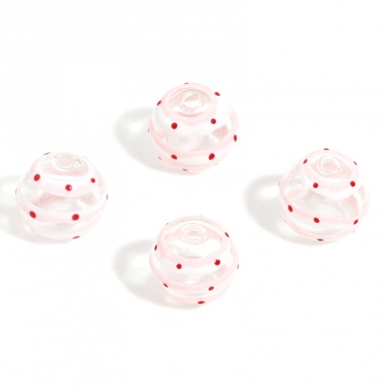 Picture of Lampwork Glass Beads For DIY Charm Jewelry Making Round Light Pink Dot Enamel About 15mm Dia, Hole: Approx 2.5mm, 2 PCs