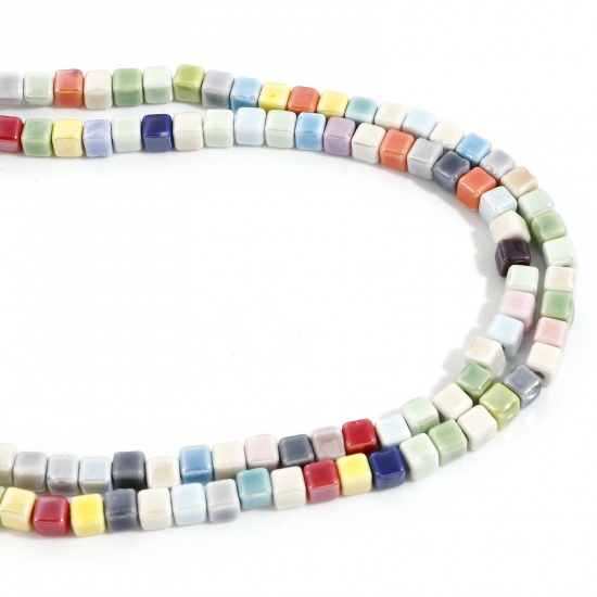 Picture of 1 Strand (Approx 50 PCs/Strand) Ceramic Beads For DIY Charm Jewelry Making Cube At Random Mixed Color High Luster About 6mm x 6mm, Hole: Approx 2mm, 31.5cm(12 3/8") long
