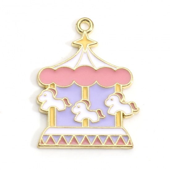 Picture of Zinc Based Alloy Charms Gold Plated Multicolor Merry-go-round/ Carousel Circus Troup Enamel 3cm x 2.3cm, 5 PCs