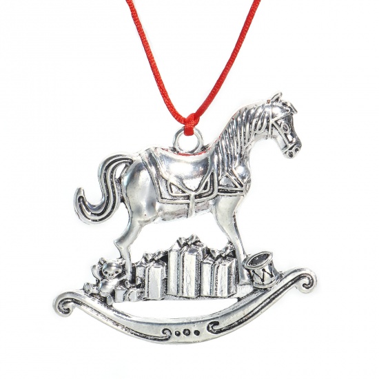 Picture of 1 Piece Zinc Based Alloy Christmas Pendant Home Party Hanging Decoration Antique Silver Color Christmas Sleigh Horse 6.1cm x 5.7cm