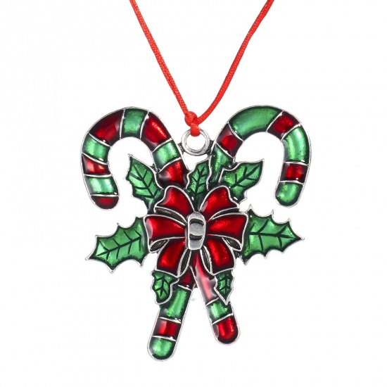 Picture of 1 Piece Zinc Based Alloy Christmas Pendant Home Party Hanging Decoration Antique Silver Color Red & Green Christmas Candy Cane Enamel 6cm x 5.3cm