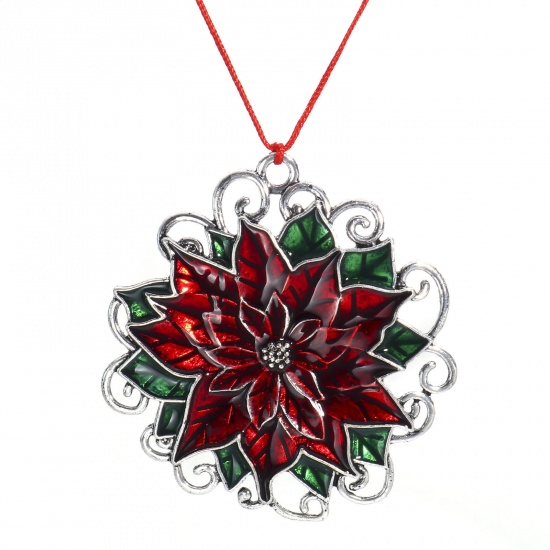 Picture of 1 Piece Zinc Based Alloy Christmas Pendant Home Party Hanging Decoration Antique Silver Color Red & Green Flower Enamel 6.4cm x 6cm
