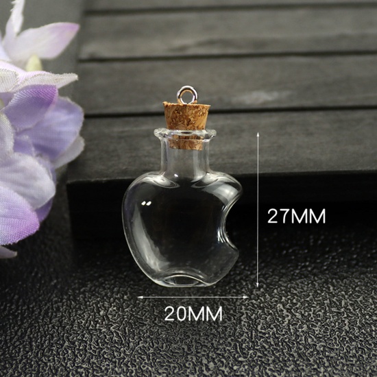 Picture of 2 PCs Glass Miniature Globe Bubble Bottle Vial For Jewelry Craft DIY Making Apple Fruit Transparent Clear 27mm x 20mm